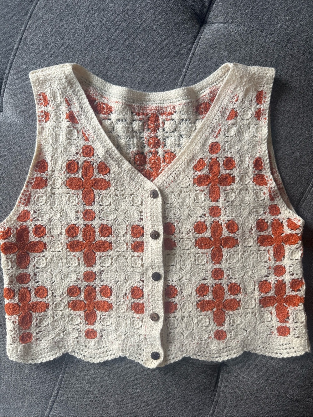 Crochet Button-Front Tank Top in Cream and Rust
